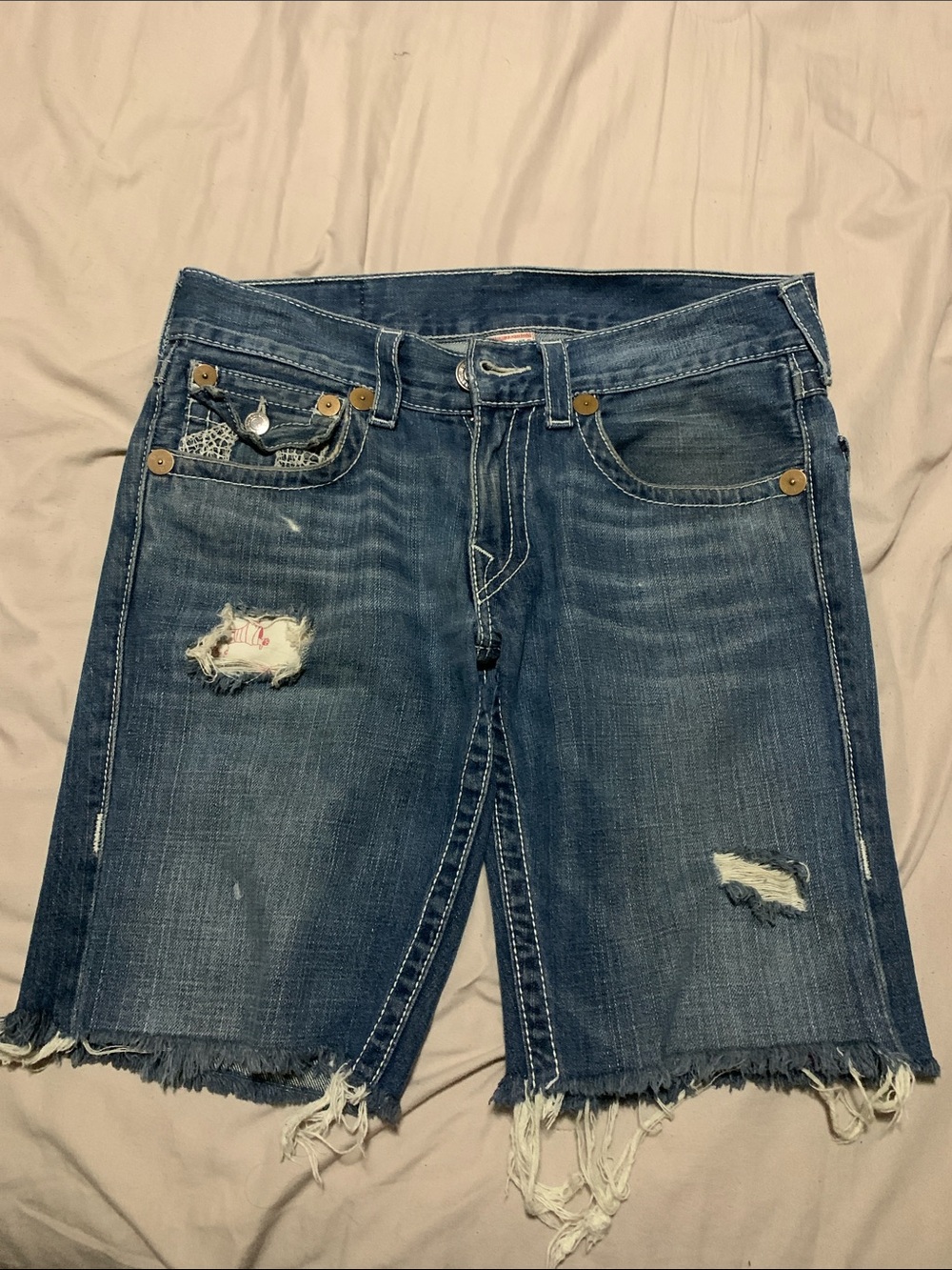 True Religion Distressed Denim Bermuda Shorts - Blue